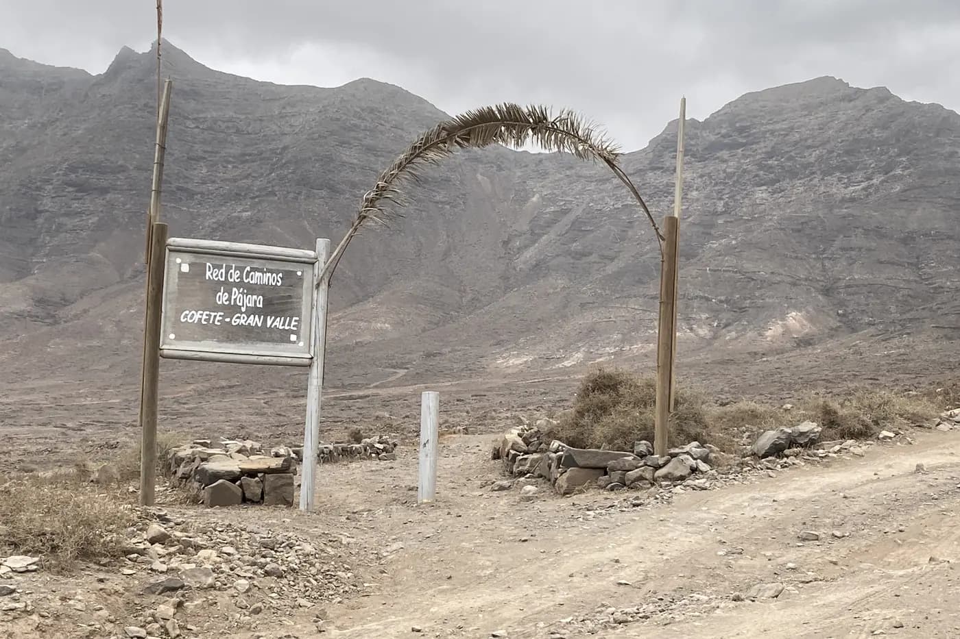 An arch made of whale bones marking a trail near Cofete