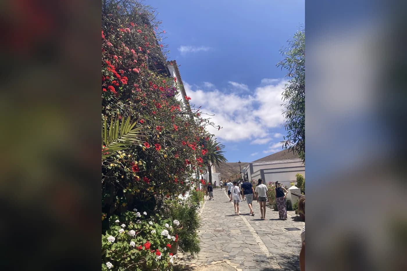 Ruelle fleurie de Betancuria avec visiteurs, Fuerteventura