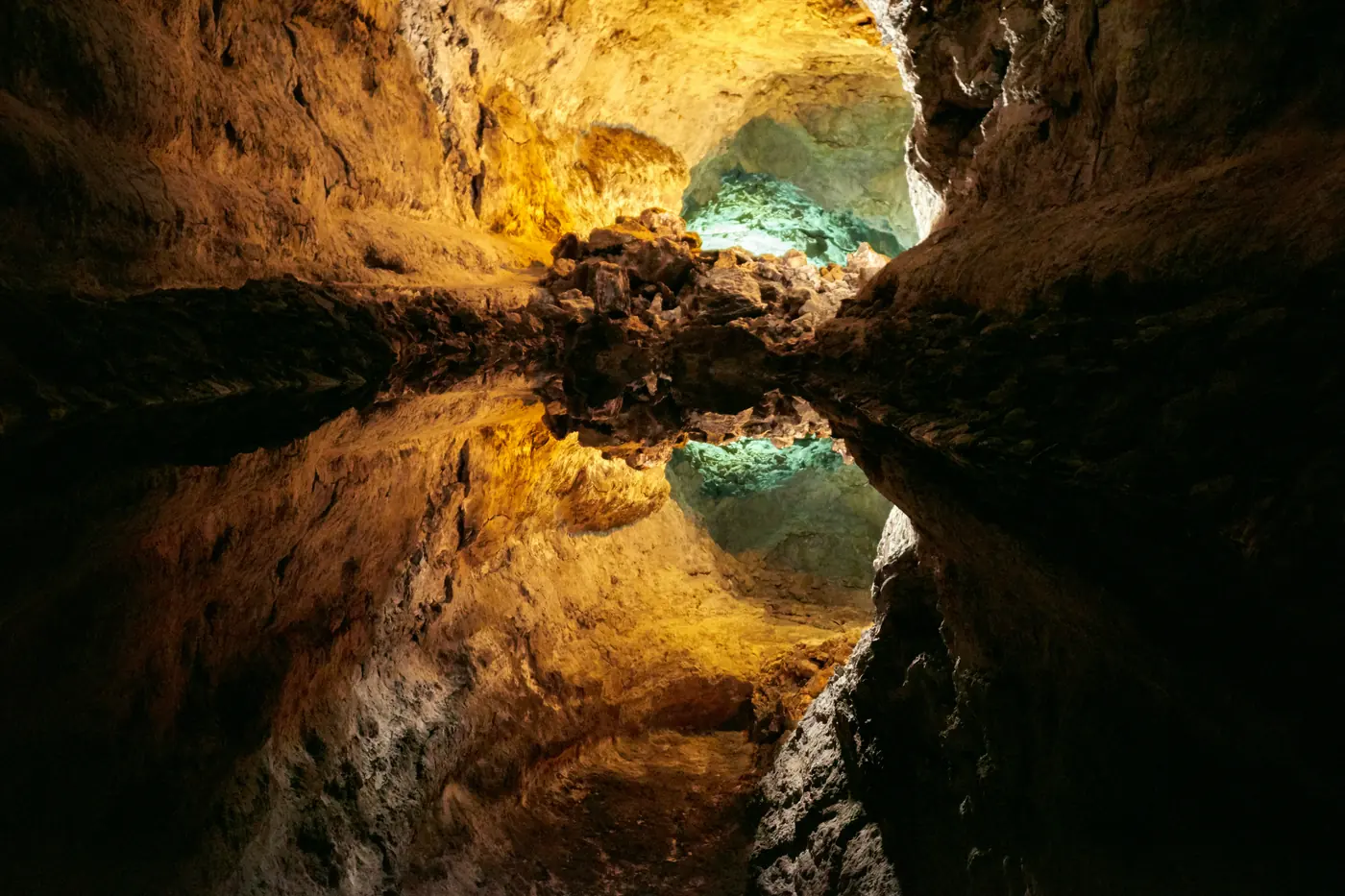 Mirror effect inside Cueva de los Verdes, a lava tube in Lanzarote
