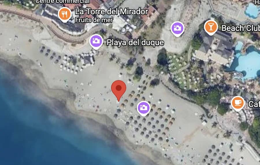 Localisation de la plage d'El Duque sur Google Maps, Costa Adeje, Tenerife